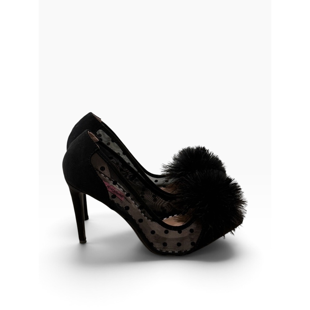 Betsey Johnson Black Polka Dot Mesh Feather Pom Pom Pointed Toe Pumps Heels
